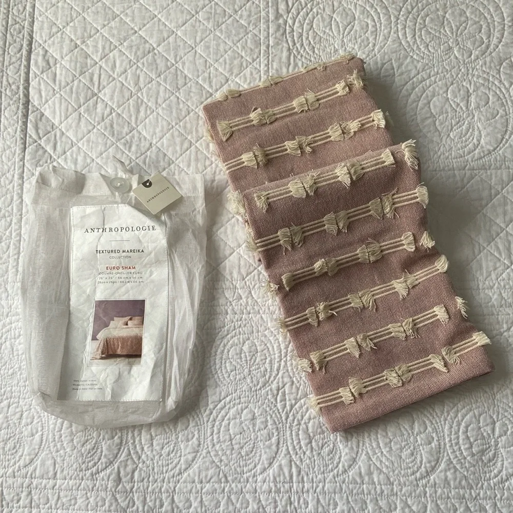 Anthropologie Mareika Textured Euro Sham Pillow Cover Blush Pink Cream N…